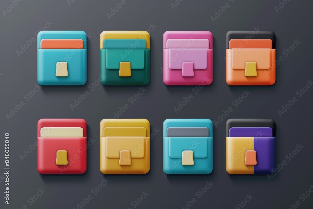 A set of colorful square buttons with different designs A set of colorful square buttons with different designs