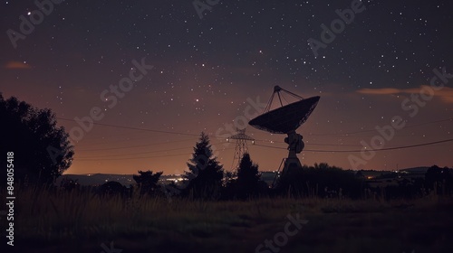 satellite dish beaming signals into the night sky, 