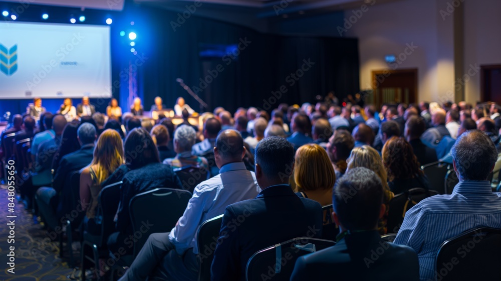 Naklejka premium Audience attending a conference with a panel discussion on stage, featuring a blue-lit atmosphere in a modern convention hall.