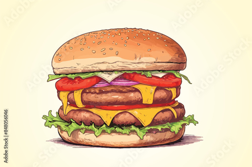 Hand drawn burger illustration, digital drawing flat illustration, isolated on a white background