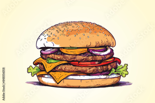 Hand drawn burger illustration, digital drawing flat illustration, isolated on a white background