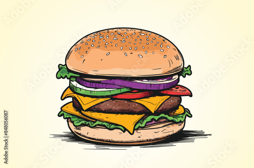 Hand drawn burger illustration, digital drawing flat illustration, isolated on a white background