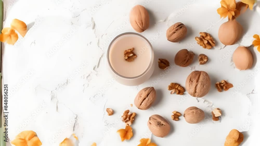 A glass of walnut milk and nuts around on a white background A glass of walnut milk and nuts around on a white background