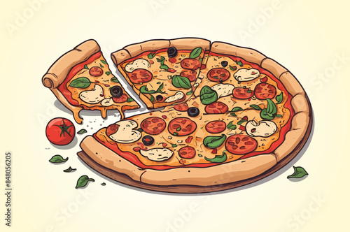 Hand drawn cartoon chopped italian pizza illustration, digital drawing flat illustration isolated on a white background