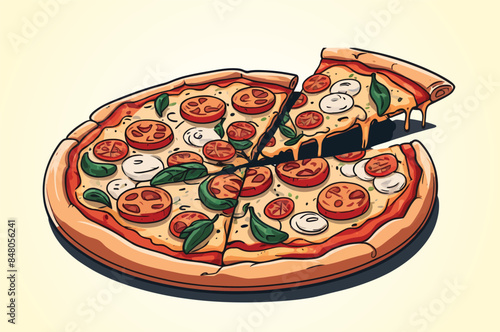 Hand drawn cartoon chopped italian pizza illustration, digital drawing flat illustration isolated on a white background