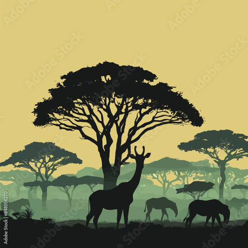 Isolated silhouette savanna forest animals horses giraffe trees digital art flat illustration