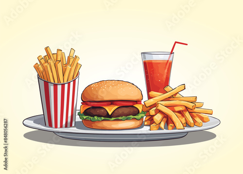 A hamburger, french fries and drink on a plate digital drawing flat illustration isolated on a white background