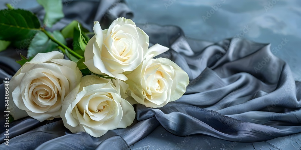 White roses in a blank bouquet with a gray silk fabric. Concept Elegant Bunch, White Roses, Blank Space, Gray Silk, Sophisticated Arrangement White roses in a blank bouquet with a gray silk fabric. Concept Elegant Bunch, White Roses, Blank Space, Gray Silk, Sophisticated Arrangement