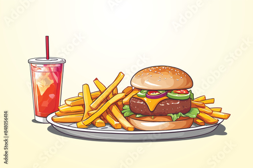 A hamburger, french fries and a drink on a plate digital drawing flat illustration isolated on a white background