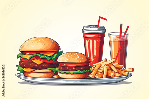 Two hamburger, french fries and a drink on a plate digital drawing flat illustration isolated on a white background