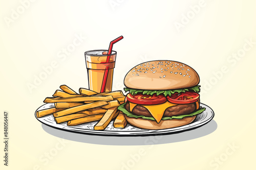 A hamburger, french fries and drink on a plate digital drawing flat illustration isolated on a white background