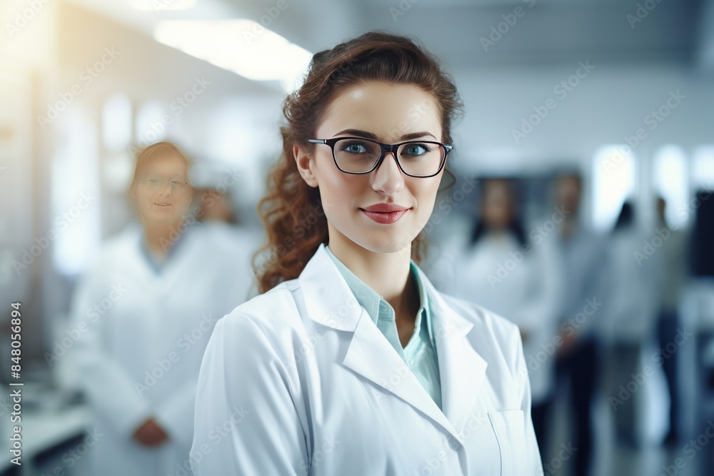 Beautiful young woman scientist wearing white coat and glasses Beautiful young woman scientist wearing white coat and glasses