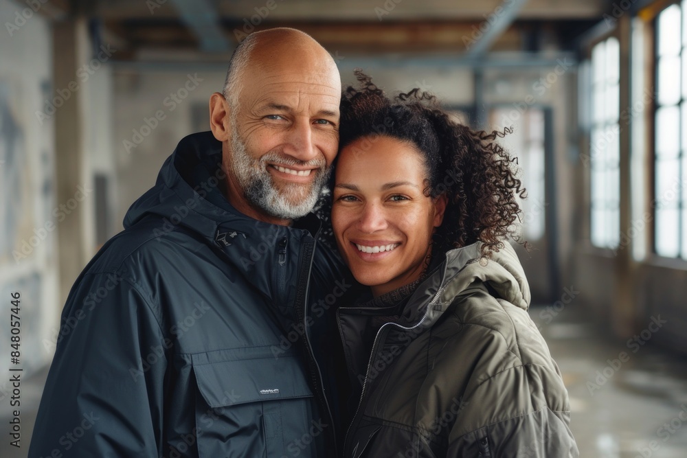 Portrait of a happy mixed race couple in their 40s wearing a functional windbreaker isolated on empty modern loft background Portrait of a happy mixed race couple in their 40s wearing a functional windbreaker isolated on empty modern loft background