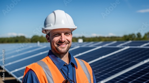 Engineer in front of a solar field looking at camera  © CStock
