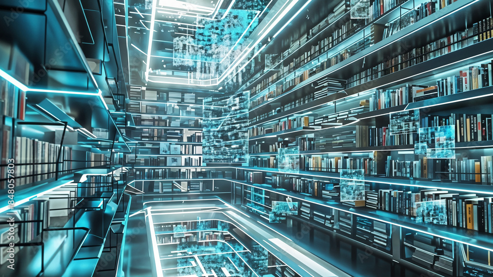 A futuristic library with digital books floating in mid-air, accessed via holographic interfaces A futuristic library with digital books floating in mid-air, accessed via holographic interfaces