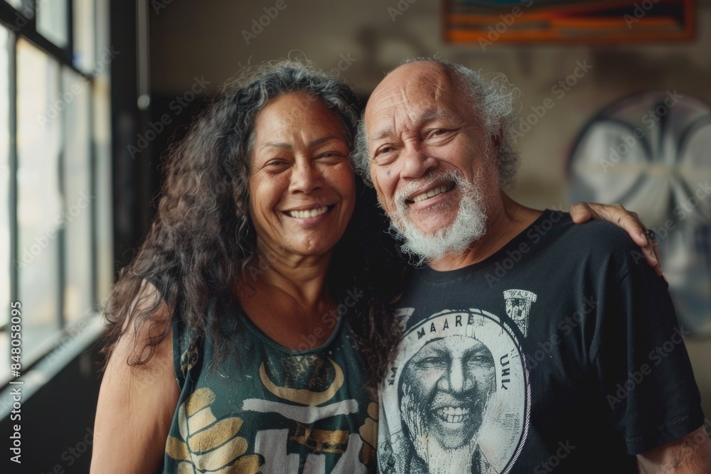 Portrait of a jovial mixed race couple in their 60s sporting a vintage band t-shirt in front of empty modern loft background Portrait of a jovial mixed race couple in their 60s sporting a vintage band t-shirt in front of empty modern loft background