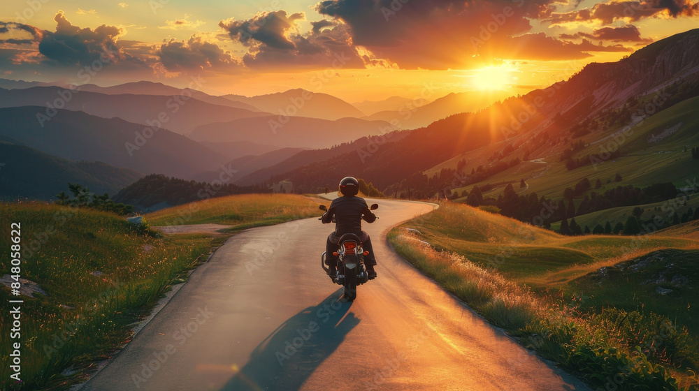 Motorcyclist rides along a scenic mountain road at sunset, capturing the spirit of adventure and freedom with a breathtaking landscape view. Motorcyclist rides along a scenic mountain road at sunset, capturing the spirit of adventure and freedom with a breathtaking landscape view.