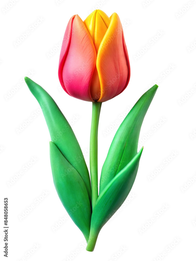 Fototapeta premium Single pink and yellow tulip flower with green leaves