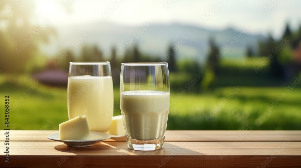 Glass of milk and butter placed with a background of a cow farm. Glass of milk and butter placed with a background of a cow farm.