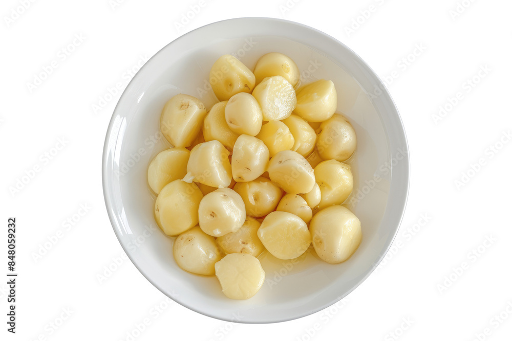 White plate of peeled boiled potatoes isolated on transparent background White plate of peeled boiled potatoes isolated on transparent background