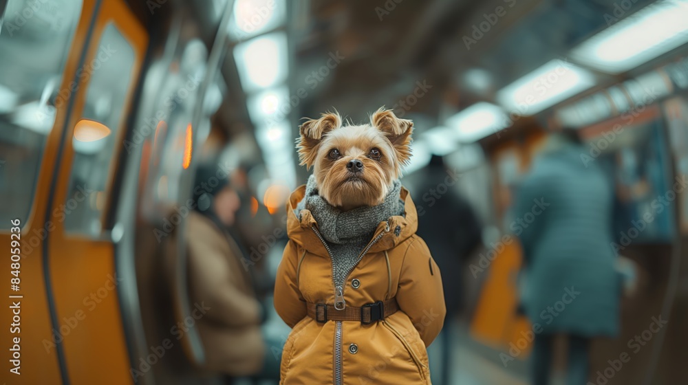 Adorable small dog in a stylish jacket on a subway train, capturing the essence of urban pet life and metropolitan charm. Adorable small dog in a stylish jacket on a subway train, capturing the essence of urban pet life and metropolitan charm.