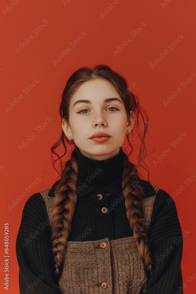 A portrait of a woman with long braids and a turtleneck sweater, featuring a simple and elegant style A portrait of a woman with long braids and a turtleneck sweater, featuring a simple and elegant style