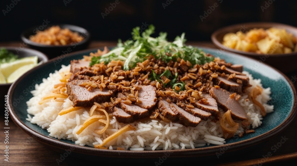 White rice with sliced meat and fried onions
