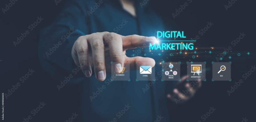 Fototapeta premium Digital marketing commerce online sale concept, Digital platform for online marketing and network technology concepts, digital , website ad, email, social network, video, SEO and business strategy.