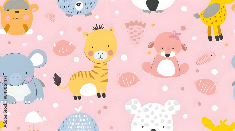 Fototapeta premium Cute Cartoon Zoo Animals in Seamless Pastel Pink Polka Dot Pattern for Kids Wallpaper,Textile or