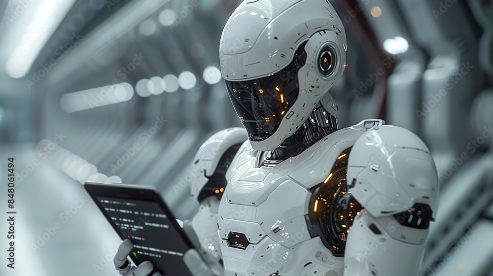 A humanoid robot with 3D rendering working with a digital tablet A humanoid robot with 3D rendering working with a digital tablet