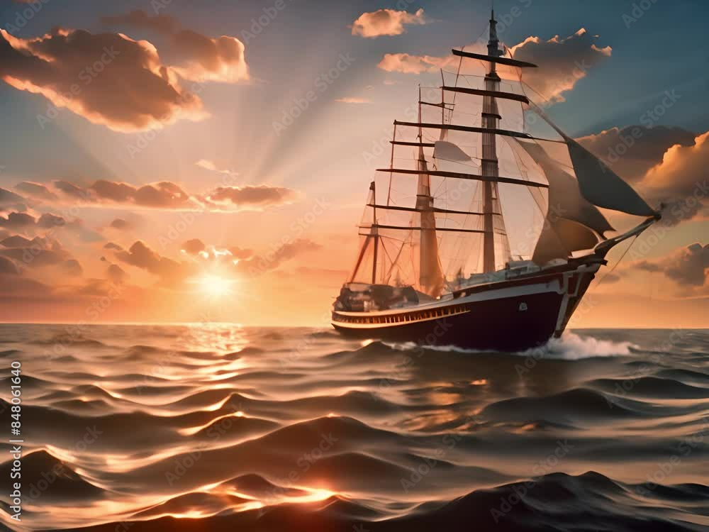 A pirate ship was sailing on the clear blue sea, with lush palm trees ...