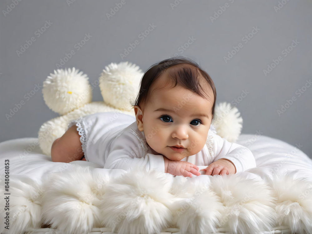 A lovely baby girl peacefully laying on a pristine white bed. A lovely baby girl peacefully laying on a pristine white bed.