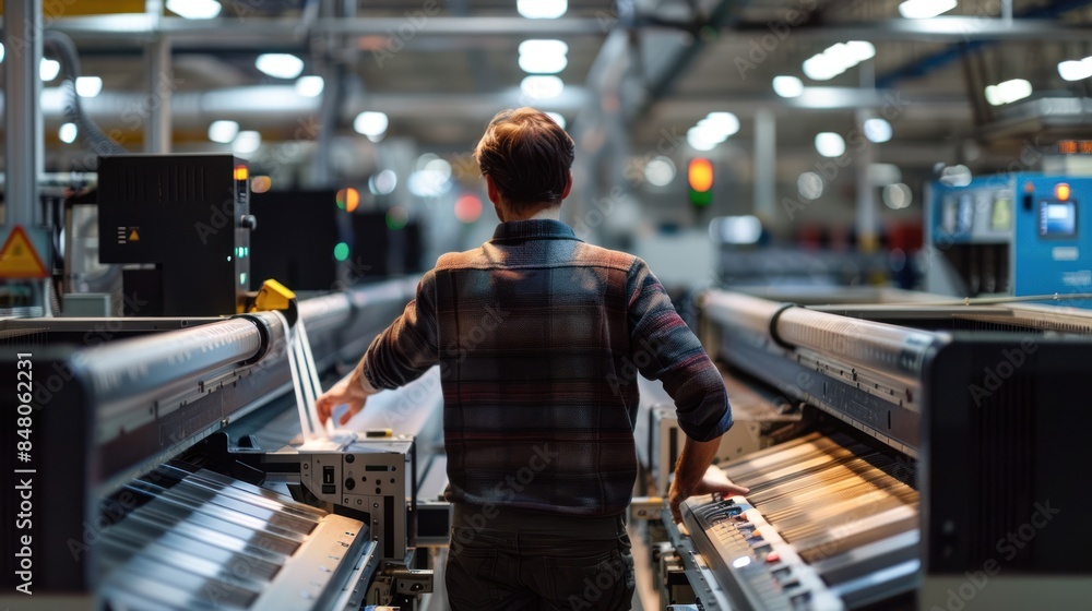 technician standing on a control panel in a large printery technician standing on a control panel in a large printery