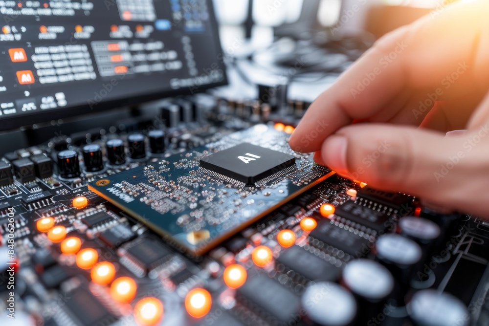 Close up of a hand installing an AI microchip on a circuit board, representing the precision and intricacy of artificial intelligence hardware. Close up of a hand installing an AI microchip on a circuit board, representing the precision and intricacy of artificial intelligence hardware.