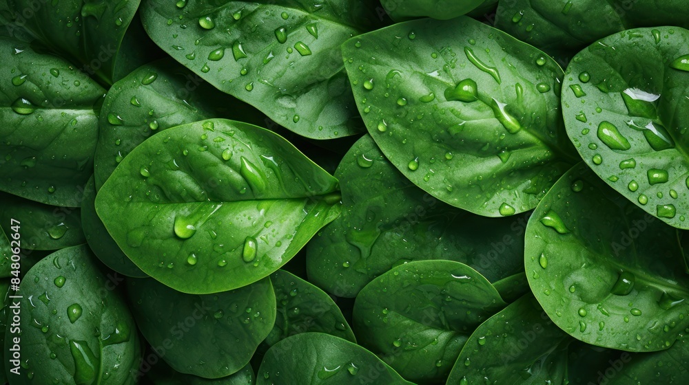 Fototapeta premium fresh organic spinach leaves, water drops, 