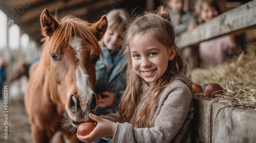 Portrait of a happy little girl feeding a horse an apple in a farm barn, surrounded by other children and horses © D-stock photo