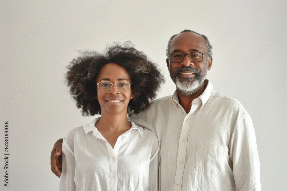 Portrait of a content afro-american couple in their 40s wearing a versatile buff on plain white digital canvas Portrait of a content afro-american couple in their 40s wearing a versatile buff on plain white digital canvas