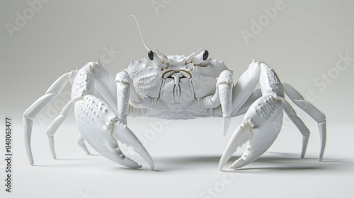 Highly detailed white crab displayed on a plain light background, emphasizing its unique texture.
