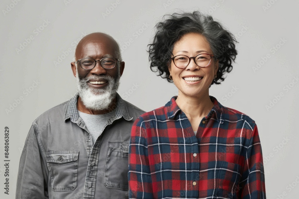 Portrait of a smiling multiethnic couple in their 50s dressed in a relaxed flannel shirt on plain white digital canvas Portrait of a smiling multiethnic couple in their 50s dressed in a relaxed flannel shirt on plain white digital canvas