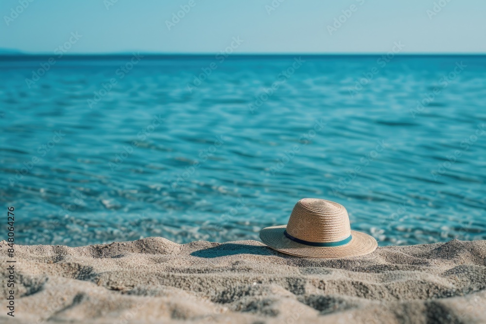 A hat sits atop a sandy beach A hat sits atop a sandy beach
