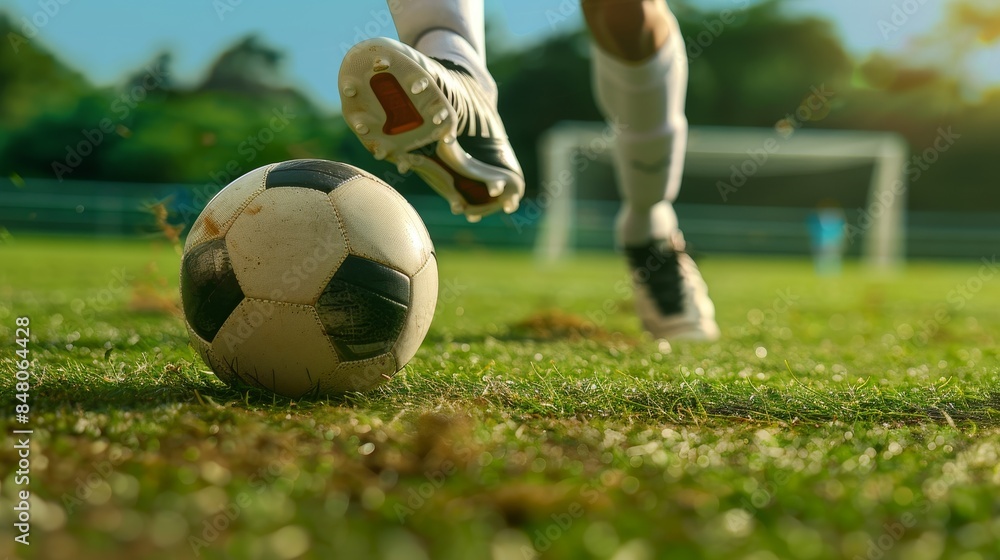Soccer player kicking ball towards goal on green field during sunny day, capturing action and excitement in sport. Soccer player kicking ball towards goal on green field during sunny day, capturing action and excitement in sport.