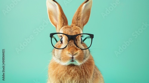 A brown rabbit wearing glasses looks directly at the camera.