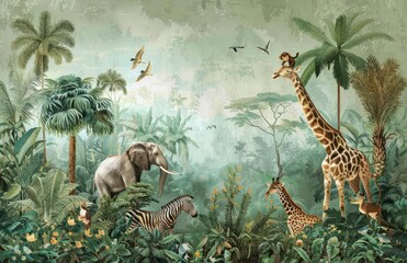 Gardinen Kinderzimmer A jungle wall mural with animals, giraffes and elephants in the foreground, palm trees, zebras at the bottom  © sch_ai