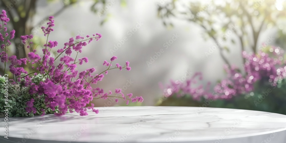 Empty space displays products on white marble tables decorated with beautiful pink flowers. - 1 Empty space displays products on white marble tables decorated with beautiful pink flowers. - 1