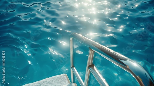 Sunlight reflects off the tranquil blue water, inviting you to take a refreshing swim from the metallic ladder. Perfect image for summer themes.