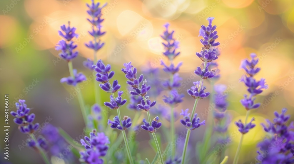 Naklejka premium Blooming lavender flowers in summer with small purple blooms against a blurry natural background