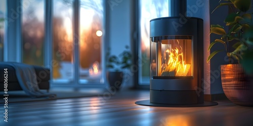 3D panoramic pellet stove for living room heating and ambiance. Concept Pellet Stoves, Home Heating, Energy Efficiency, Interior Design, Heating Systems