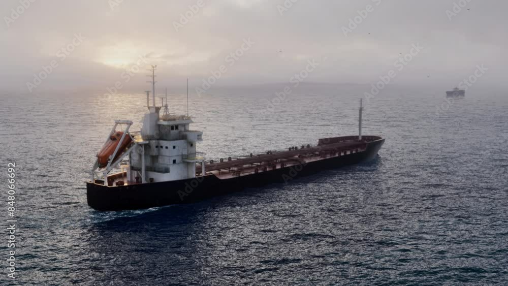 Observing the beautiful scene of a Cargo Ship gliding across the Ocean at Sunset Observing the beautiful scene of a Cargo Ship gliding across the Ocean at Sunset