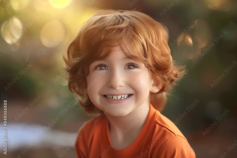 Smiling Red-Haired Boy in Orange Shirt, Outdoor Background Smiling Red-Haired Boy in Orange Shirt, Outdoor Background