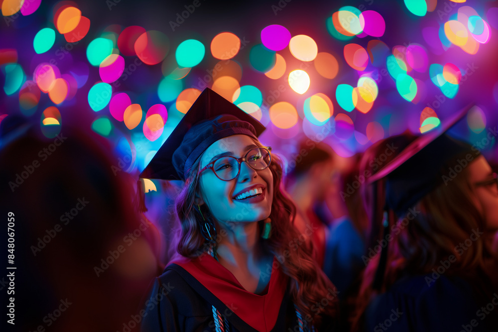 A female student in glasses and a graduation cap is the center of a lively party scene, celebrating her achievement with a joyful expression. The colorful lights and her wide smile A female student in glasses and a graduation cap is the center of a lively party scene, celebrating her achievement with a joyful expression. The colorful lights and her wide smile